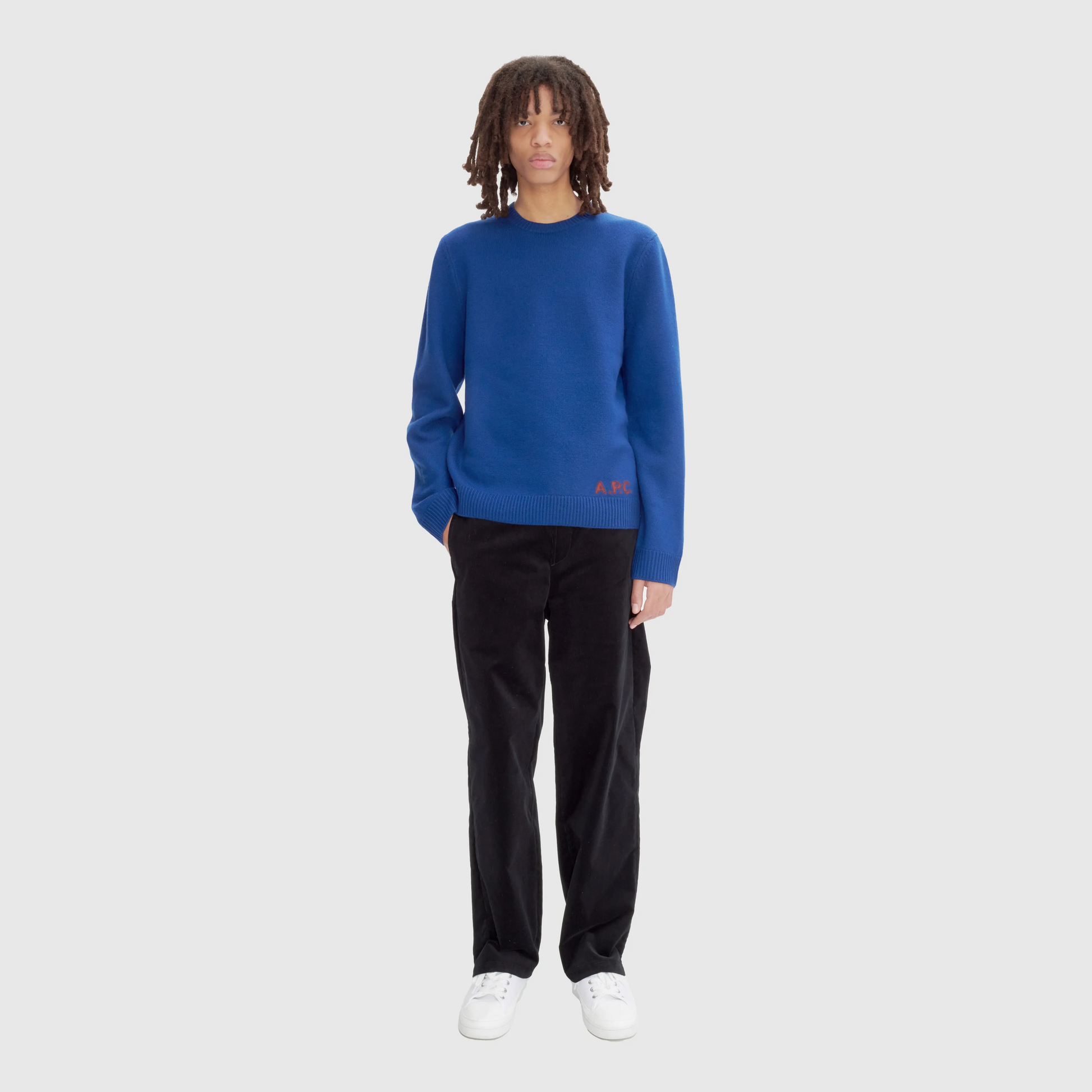 Blue sweater black pants clearance