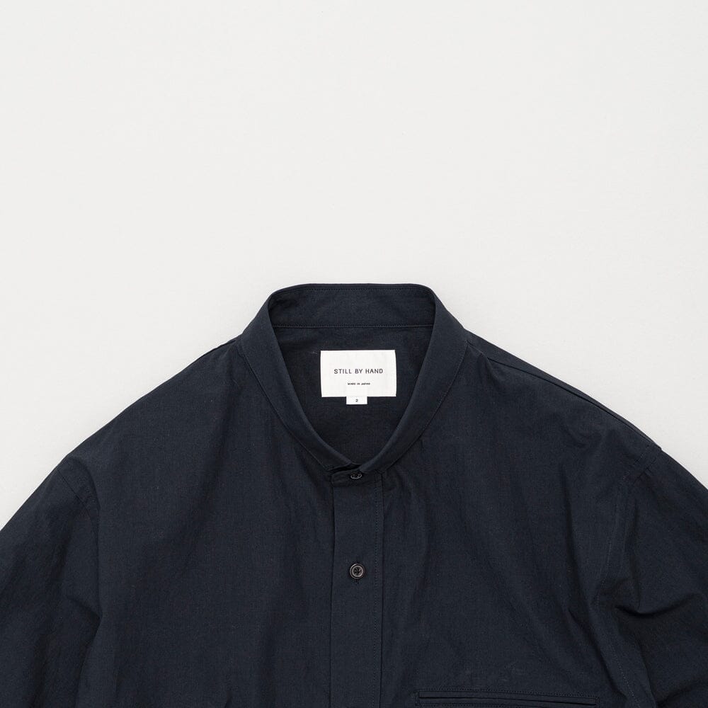 Still by Hand Linen Mixed Narrow Collar Shirt - Navy Shirt Still by Hand 