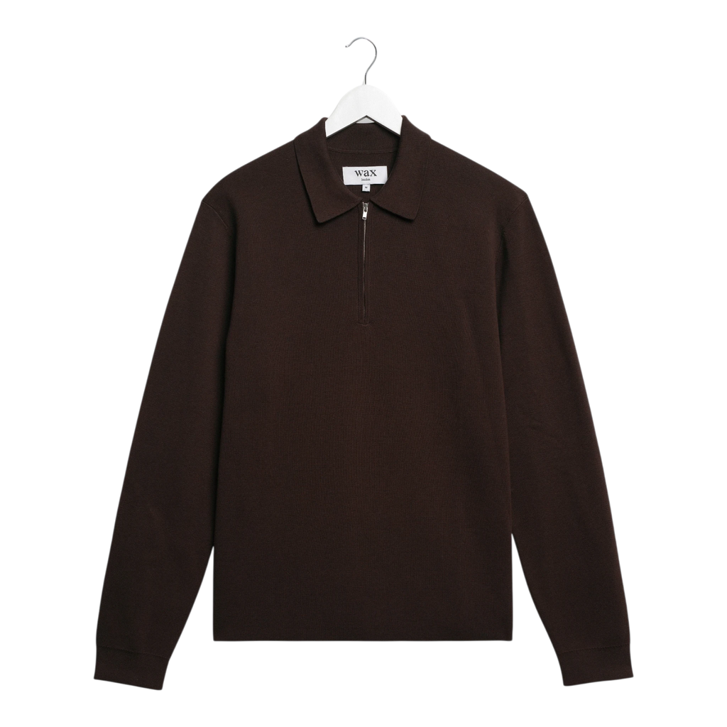 Wax London - Maley L/S Zip Polo Milano Knit - Dark Brown Genser Wax London 