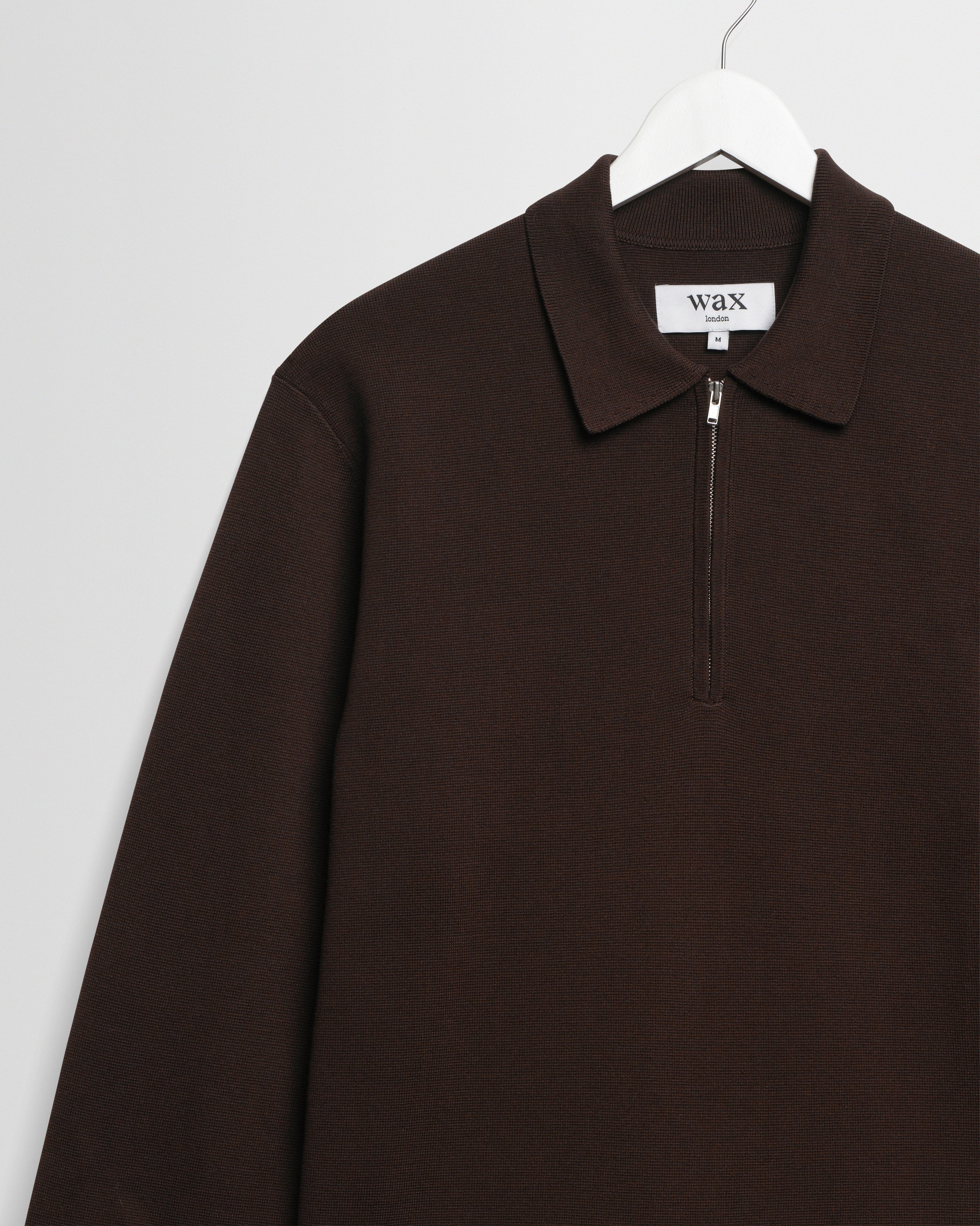Wax London - Maley L/S Zip Polo Milano Knit - Dark Brown Genser Wax London 