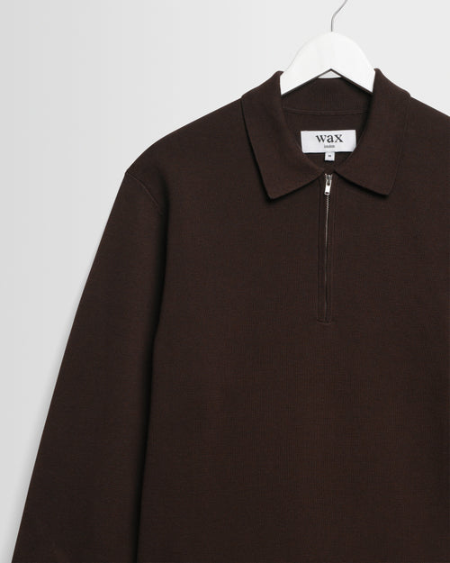 Wax London - Maley L/S Zip Polo Milano Knit - Dark Brown Genser Wax London 